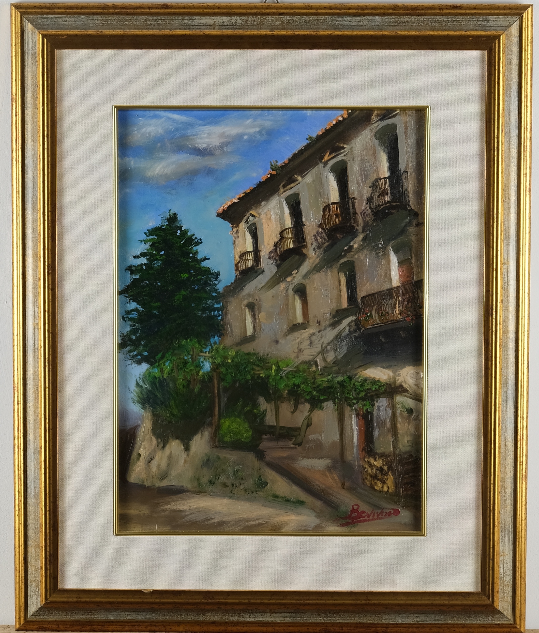 Original architectural oil painting on canvas of Palazzo Schettini in Tiriolo by Maria Luisa Bevivino, 2019