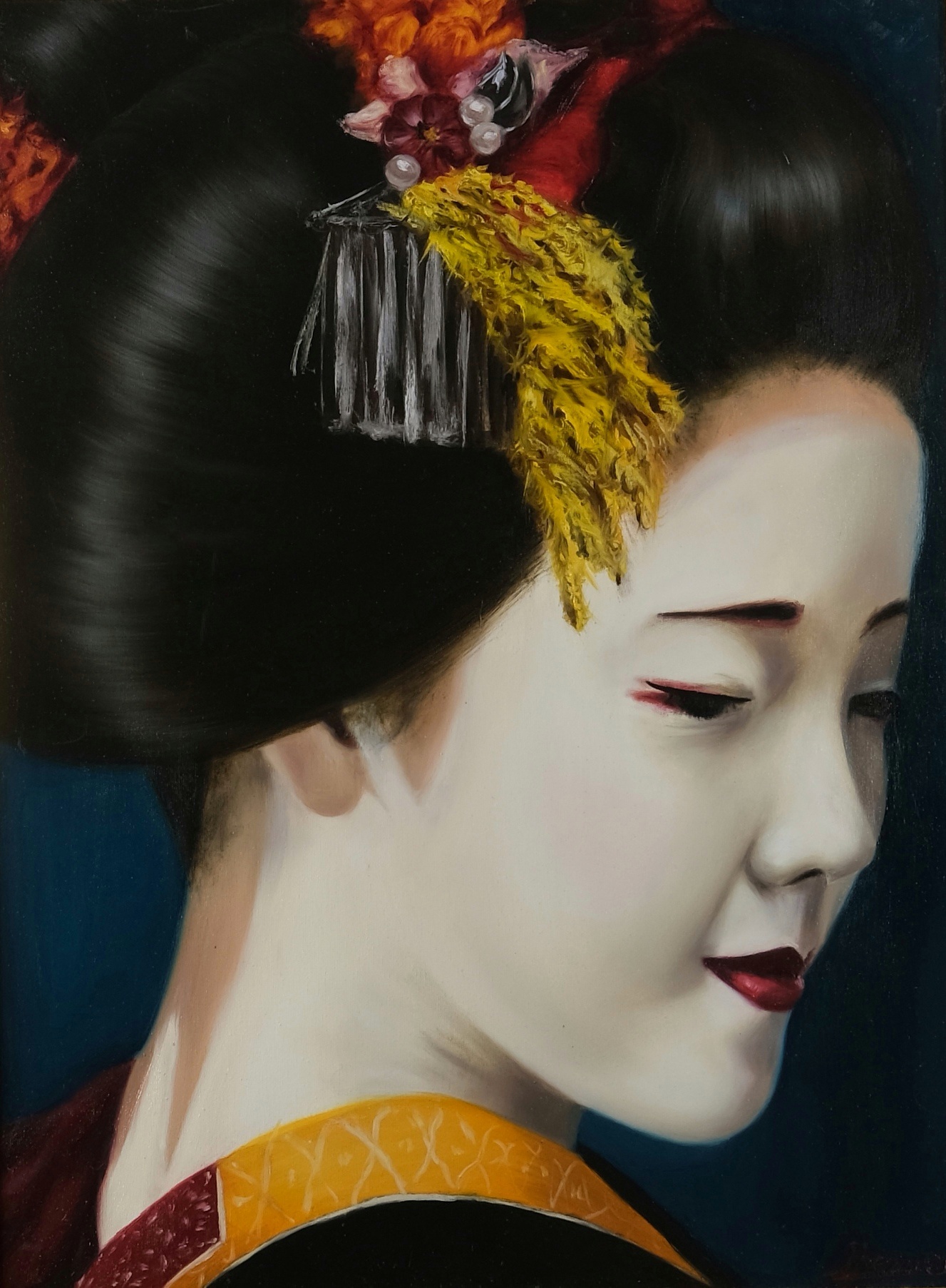 Original oil portrait painting on canvas by Maria Luisa Bevivino depicting a concealed woman inspired by a geisha, 2023