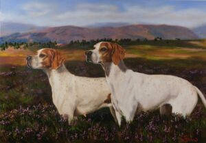 Oil painting of two English Pointers in high head standing in purple heather landscape, 70 x 100 cm, by Maria Luisa Bevivino. The pointers are Crema & Carlotta from the breeder Miascelta.