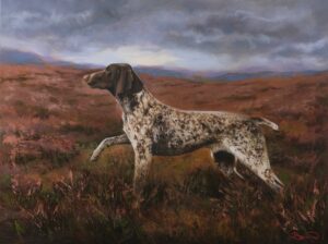 Original oil painting by Maria Luisa Bevivino of a German Shorthaired Pointer in a moorland landscape under a dramatic sky