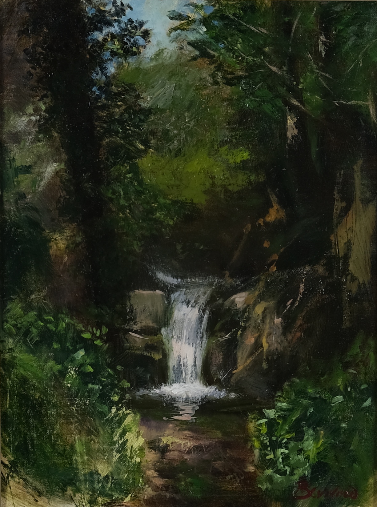 Original woodland stream oil painting on canvas by Maria Luisa Bevivino, en plein air landscape in Loro Ciuffenna, 2022