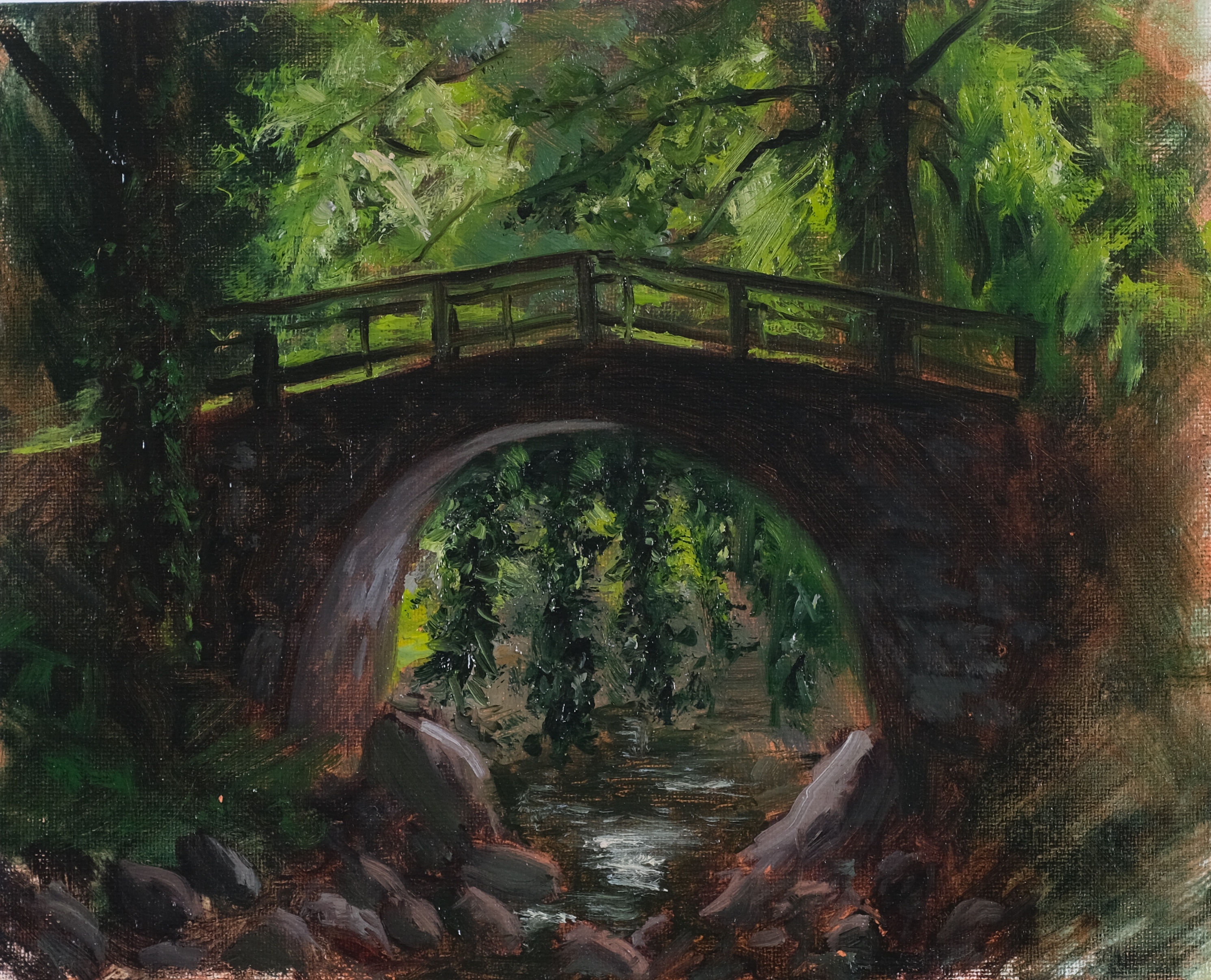 Original en plein air landscape oil painting on canvas by Maria Luisa Bevivino with a bridge over a woodland stream, 2022