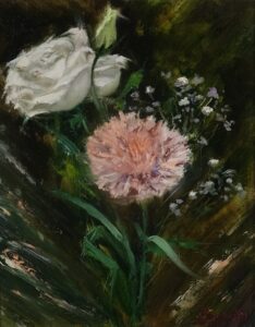 Original floral oil painting on canvas by Maria Luisa Bevivino with a carnation and a white rose, 2022