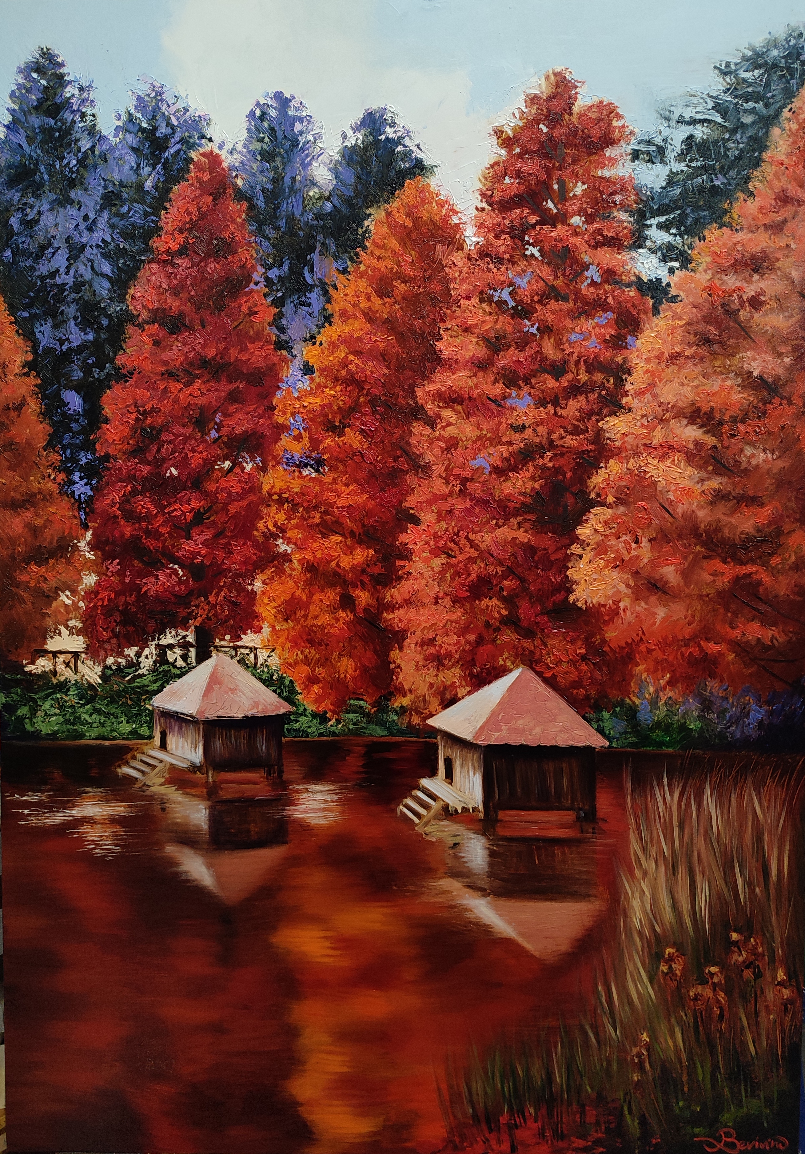 Original autumn landscape oil painting on canvas by Maria Luisa Bevivino, Mongiana, 2025