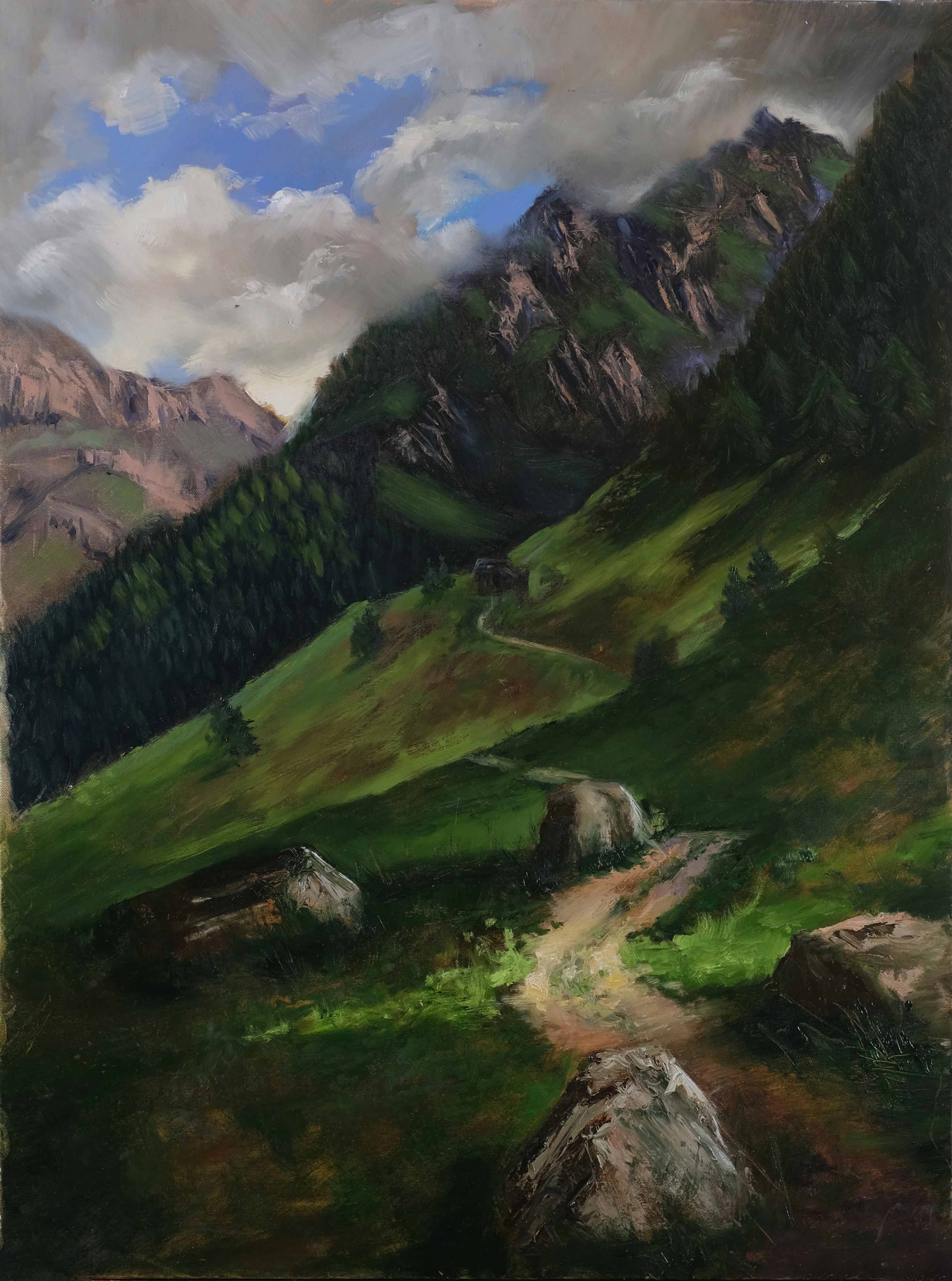 Original en plein air oil painting on canvas by Maria Luisa Bevivino in Valle Aurina, Trentino-Alto Adige, 2025 Caption