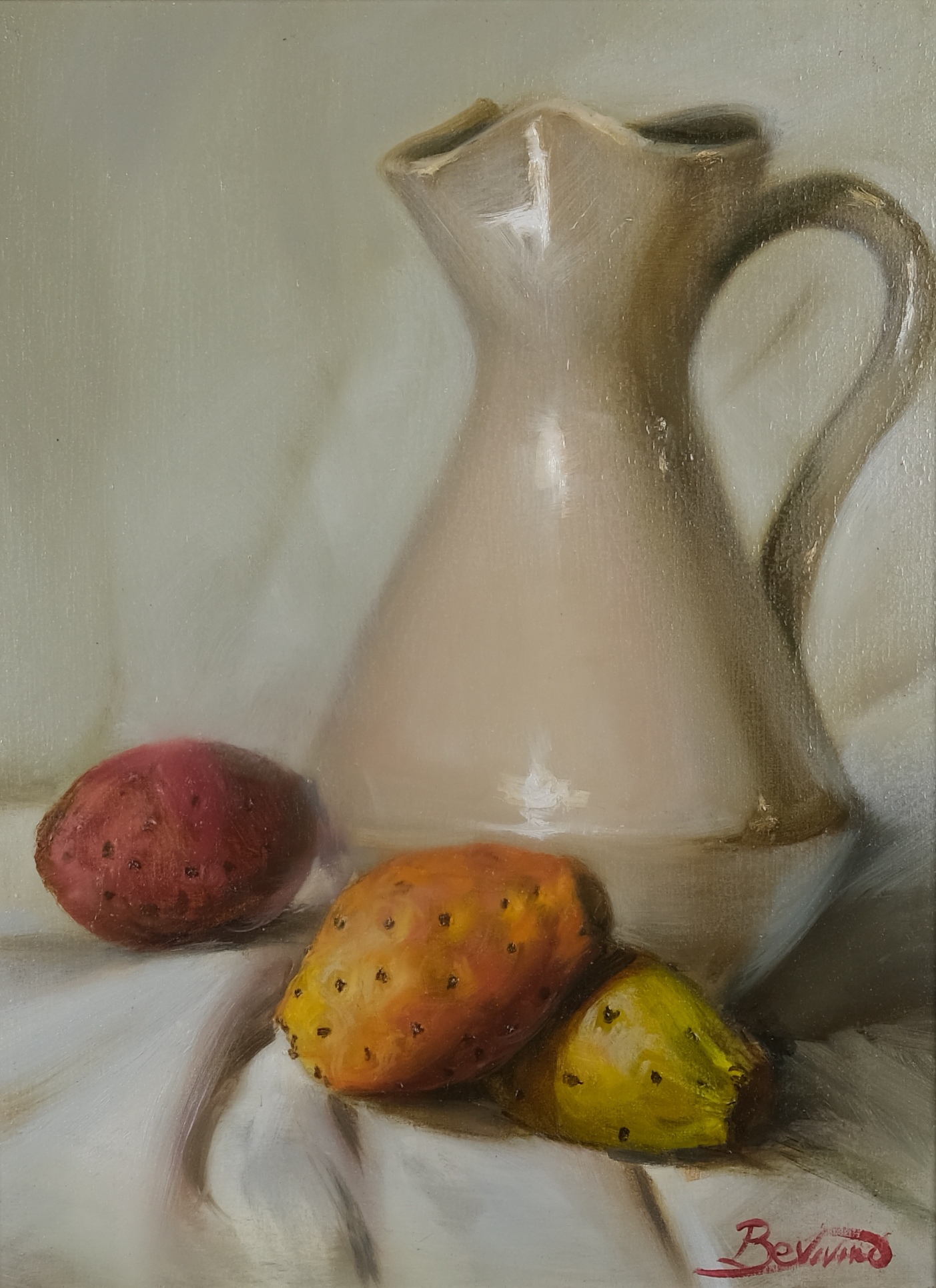 Original still life oil painting on canvas by Maria Luisa Bevivino with prickly pears and a jug, 2022