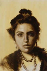 Original monochrome female portrait study in oil on paper by Maria Luisa Bevivino after a drawing by Gaetano Esposito, 2025