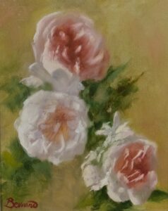Floral study oil painting on canvas by Maria Luisa Bevivino with three roses, 2022