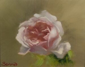 Floral study oil painting on canvas by Maria Luisa Bevivino with an English rose, 2022