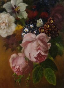 Floral study oil painting on canvas by Maria Luisa Bevivino with roses, wildflowers and a butterfly, 2022