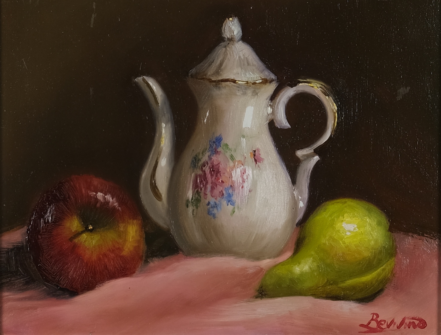 Original still life oil painting on canvas by Maria Luisa Bevivino, fruit and ceramic vessel, 2022