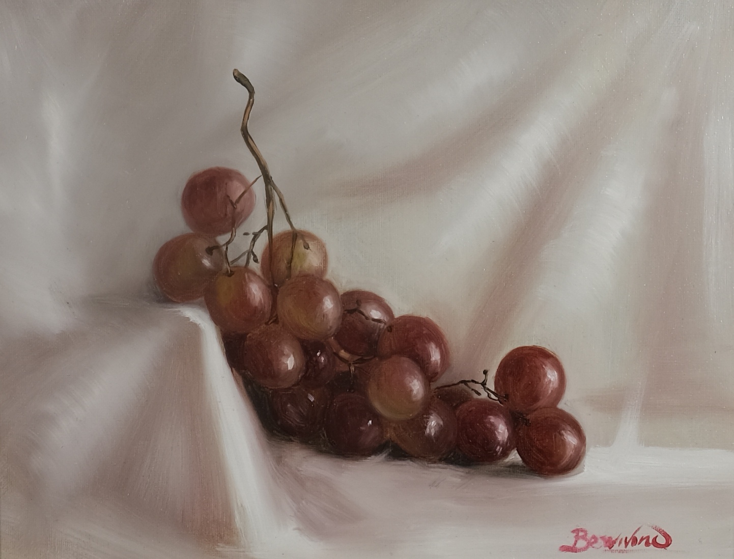 Original still life oil painting on canvas by Maria Luisa Bevivino with red grapes on white drapery, 2022