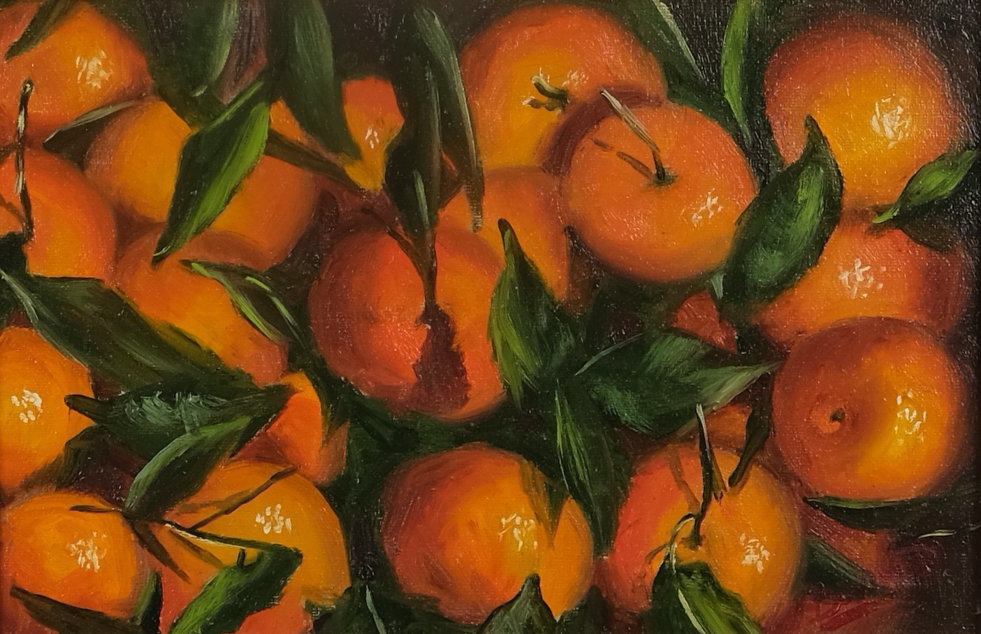 Original still life oil painting on canvas by Maria Luisa Bevivino with mandarins in a crate seen from above, 2022