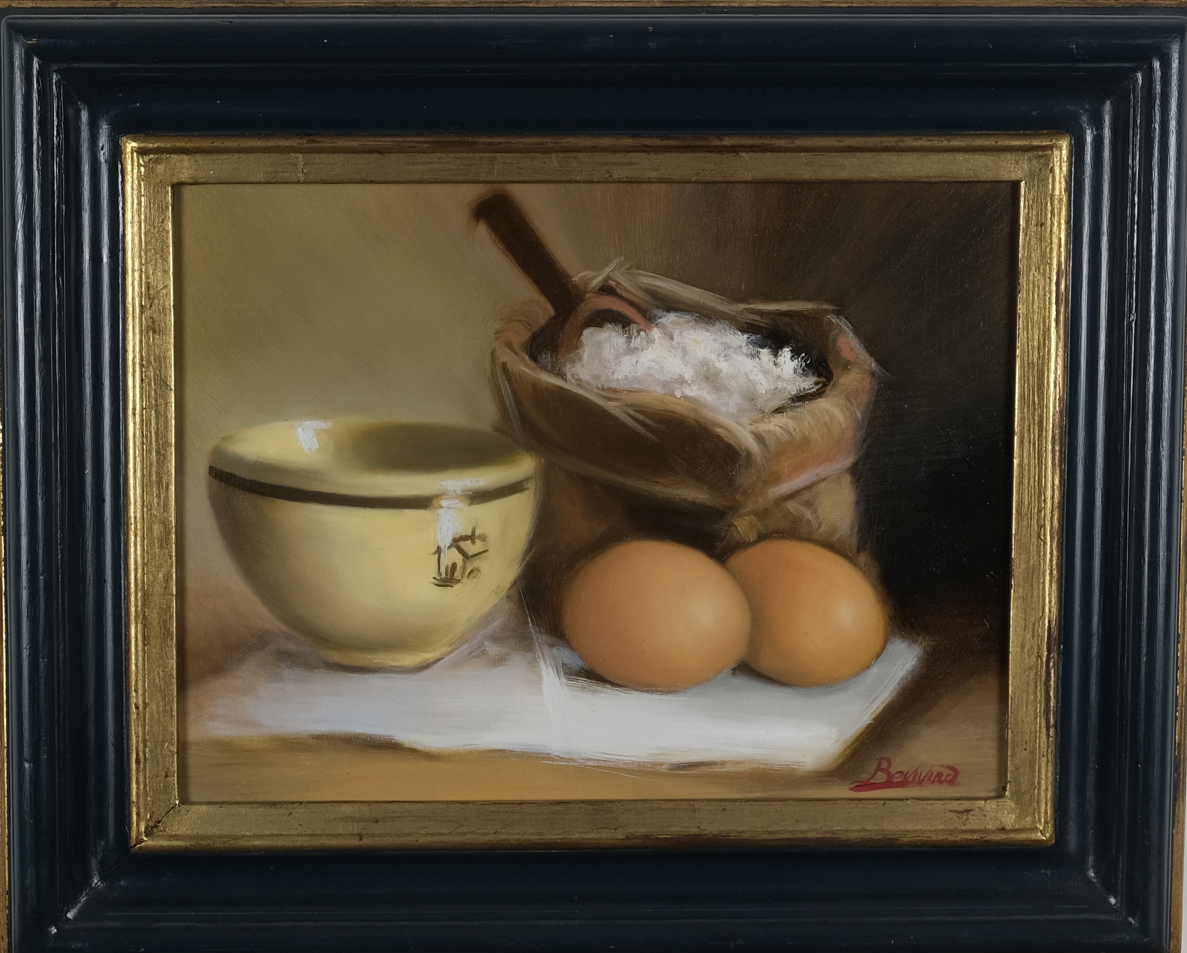 Original still life oil painting on canvas by Maria Luisa Bevivino with eggs, flour and a 1990s Mulino Bianco terracotta bowl, 2022