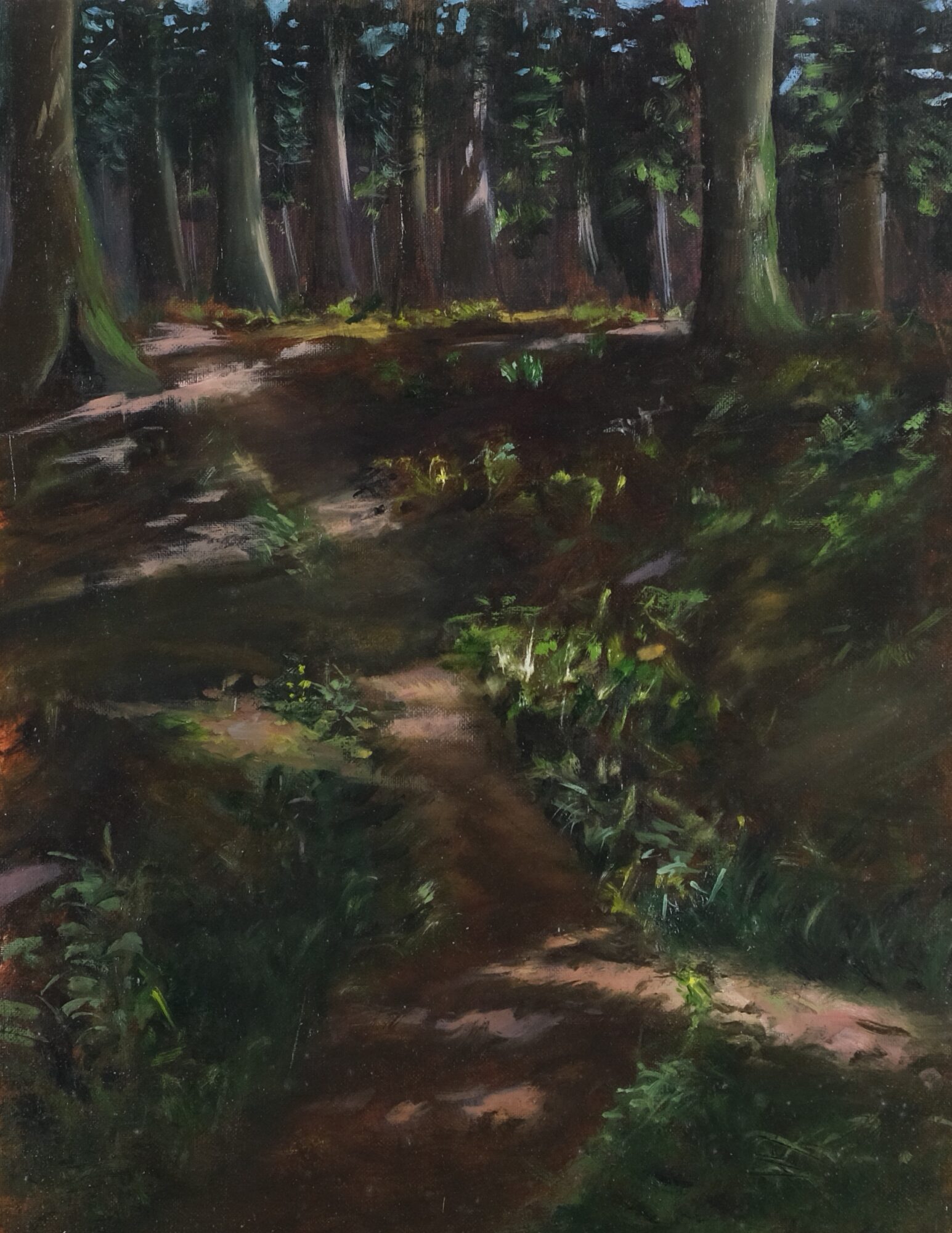 Original en plein air landscape oil painting on canvas by Maria Luisa Bevivino with morning light on a path and through the trees, 2022