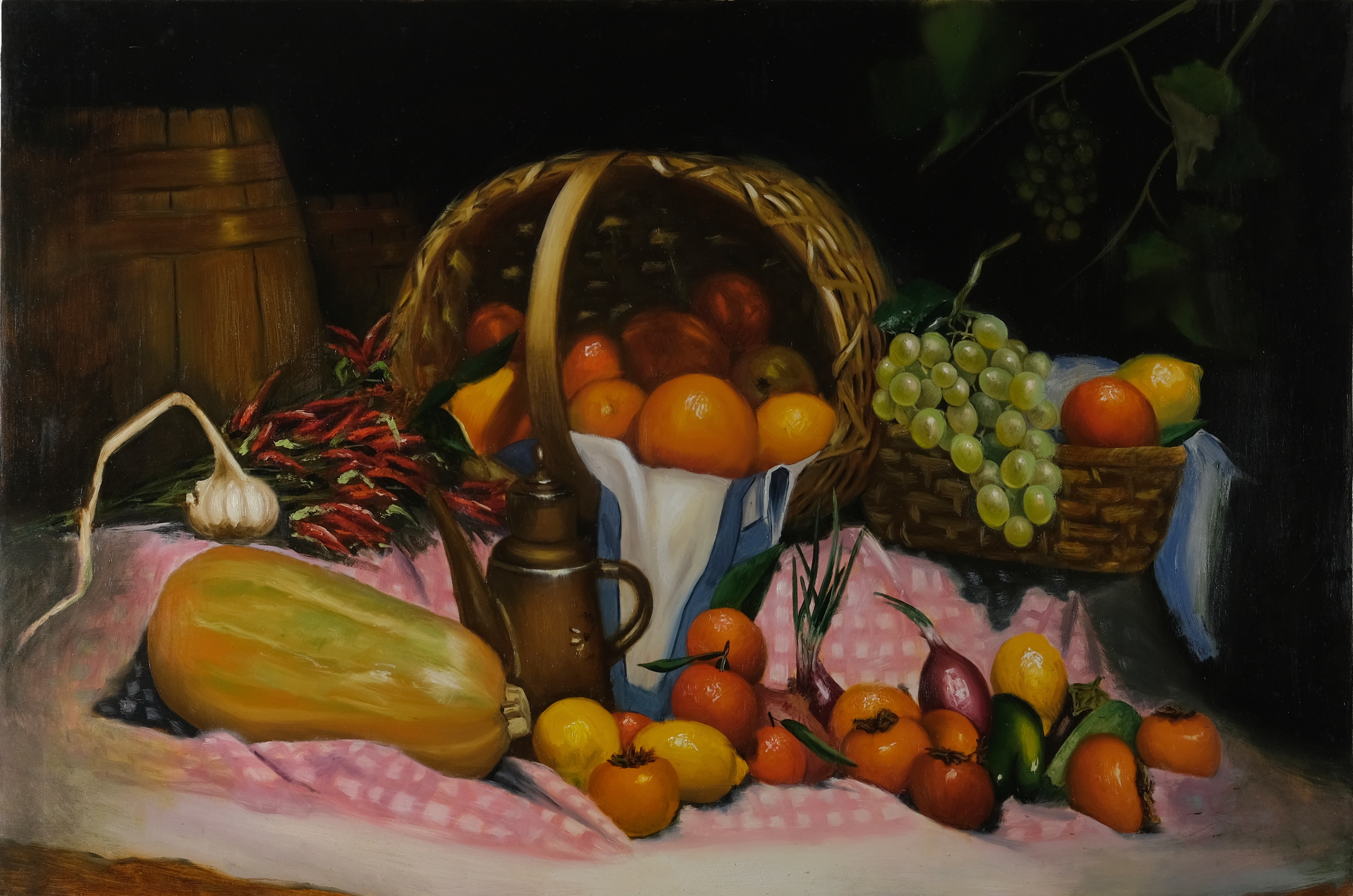 Large original still life oil painting on canvas by Maria Luisa Bevivino with white grapes, fruit, vegetables, garlic and red chillies, 2025