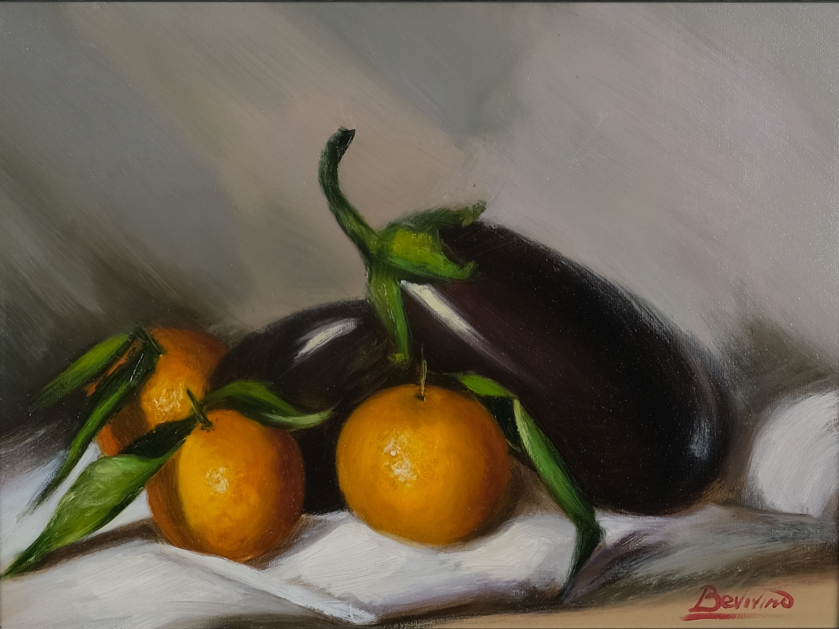 Original still life oil painting on canvas by Maria Luisa Bevivino with aubergines and mandarins, 2021