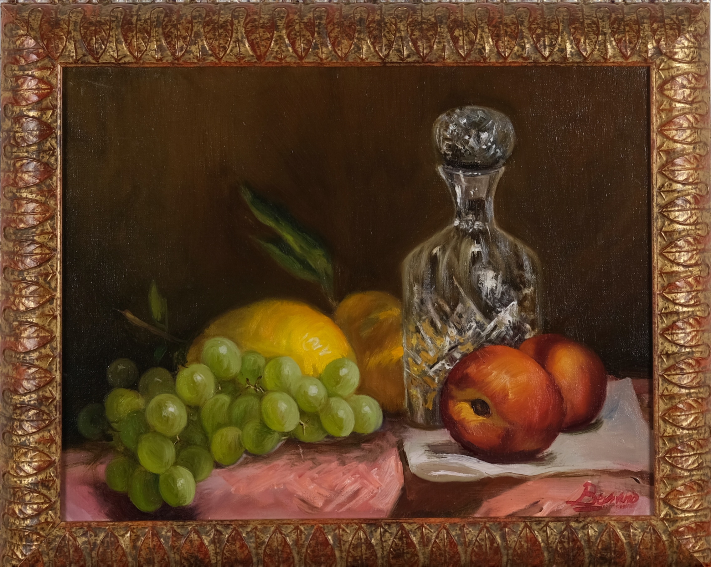 Original still life oil painting on canvas by Maria Luisa Bevivino with peaches and an embossed glass bottle, 2022