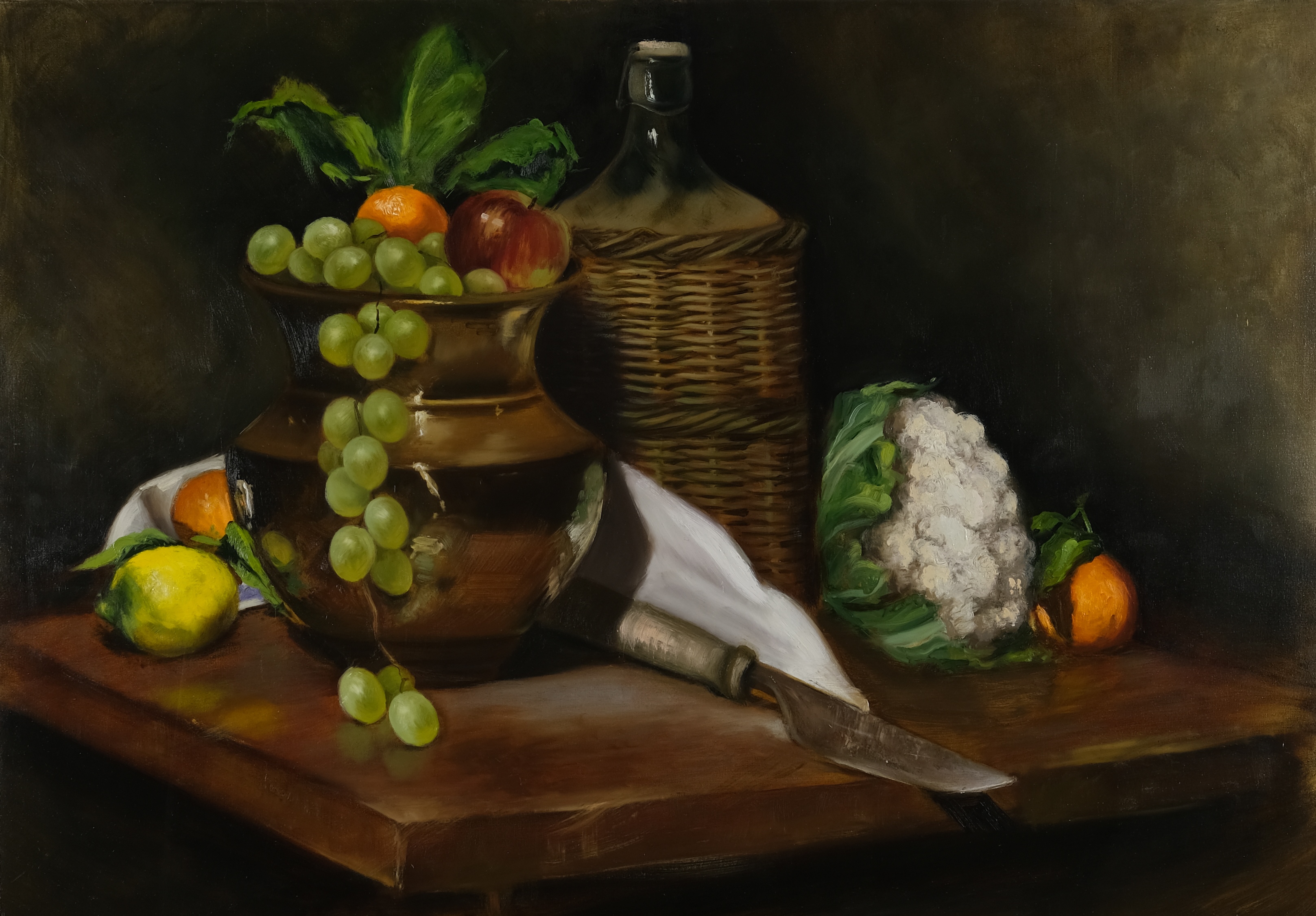 Original still life oil painting on canvas by Maria Luisa Bevivino with cauliflower, a copper vase, a knife, a wine flask and fruit, 2023