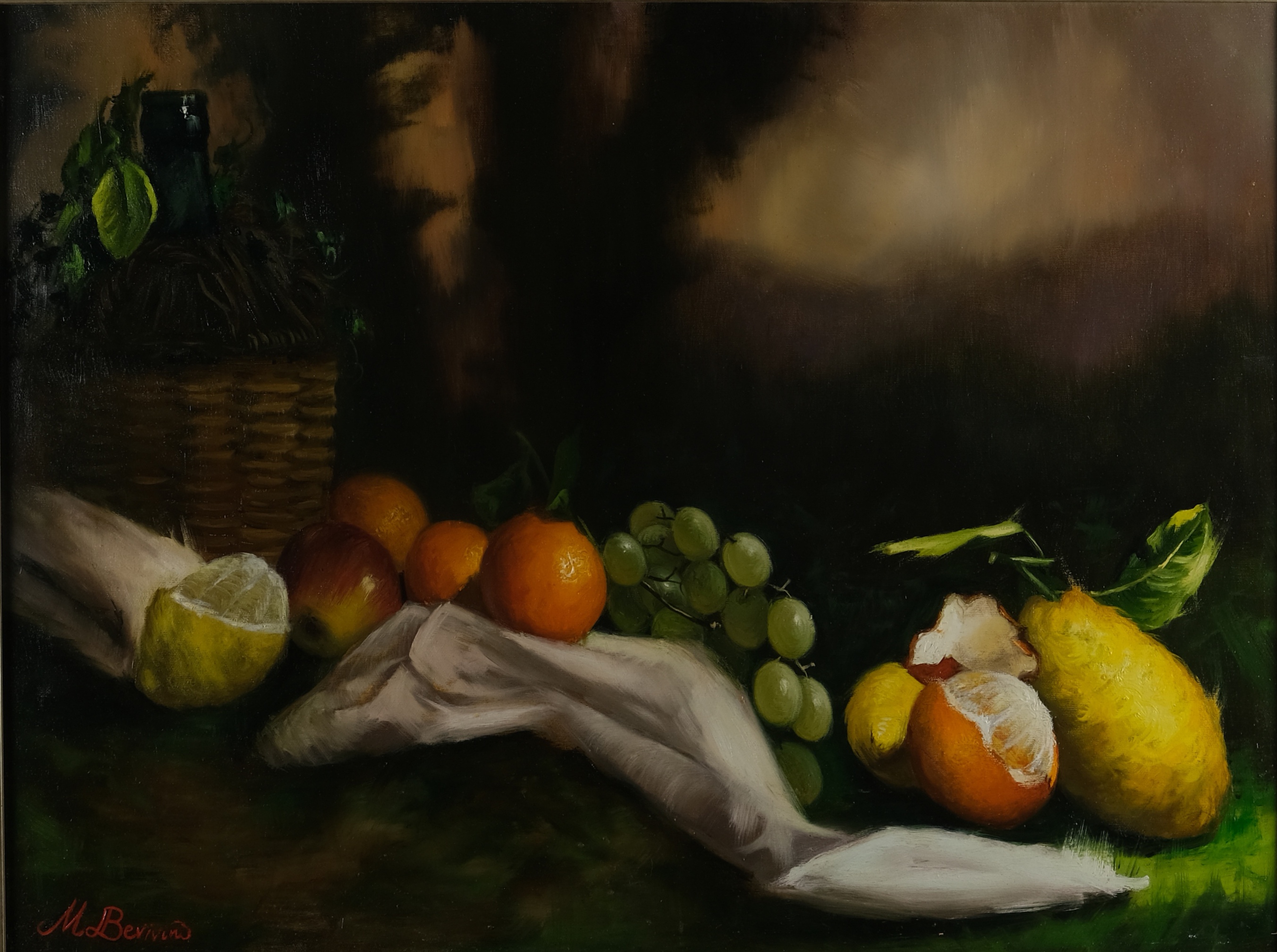 Original still life oil painting on canvas by Maria Luisa Bevivino with grapes, an apple, lemons and oranges, 2024