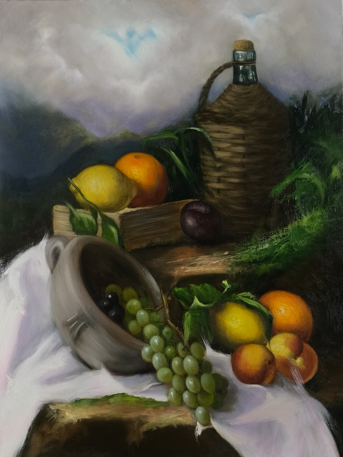 Original still life oil painting on canvas by Maria Luisa Bevivino with fruit, vegetables, grapes, garlic and shadowed forms, 2020
