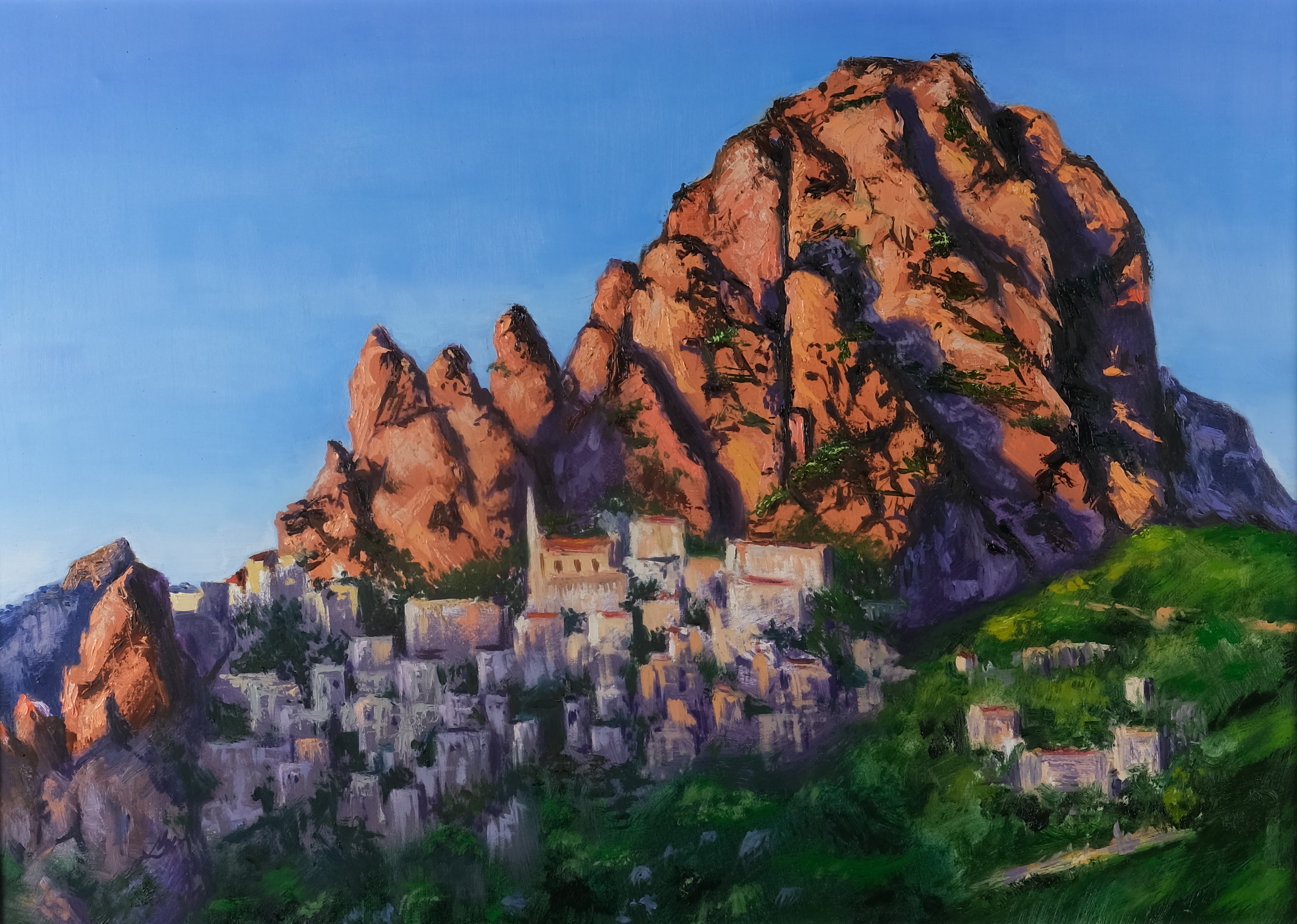 Original landscape oil painting on canvas of Pentedattilo by Maria Luisa Bevivino, 2025