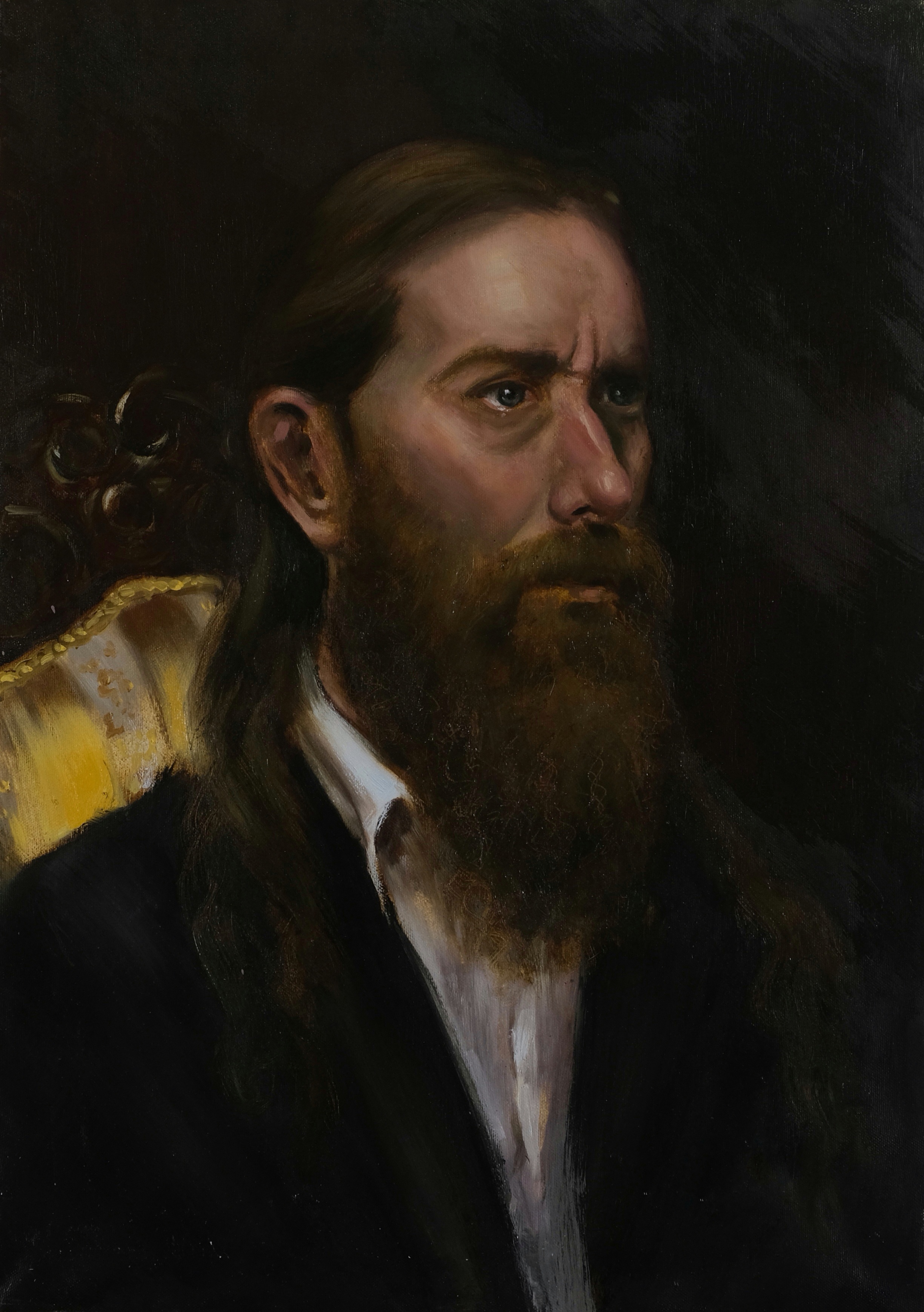 Original portrait from life oil painting on canvas by Maria Luisa Bevivino depicting a young bearded man, Francesco, 2025