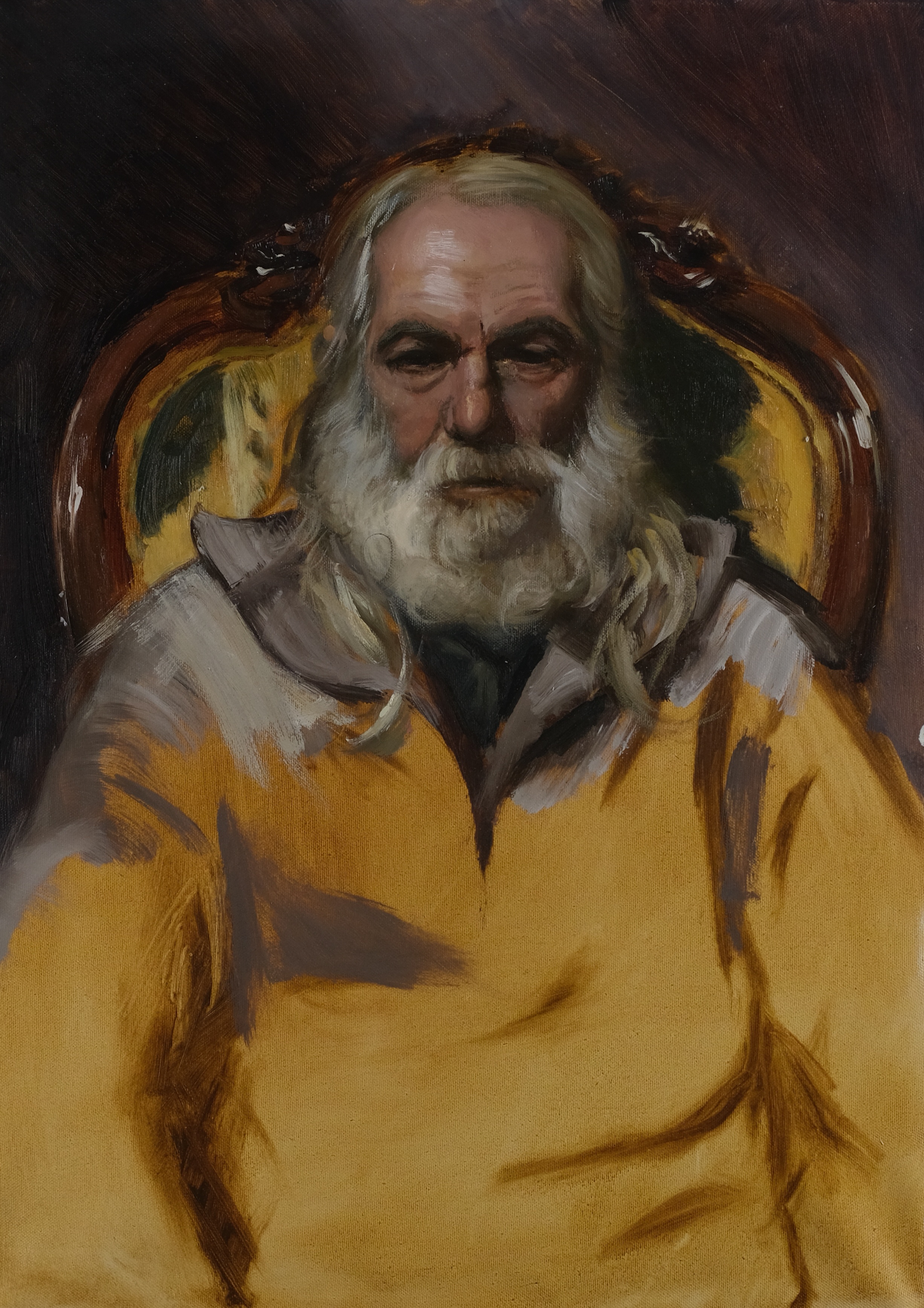 Original portrait from life oil painting on canvas by Maria Luisa Bevivino depicting a man with a white beard, Wasfi, 2024