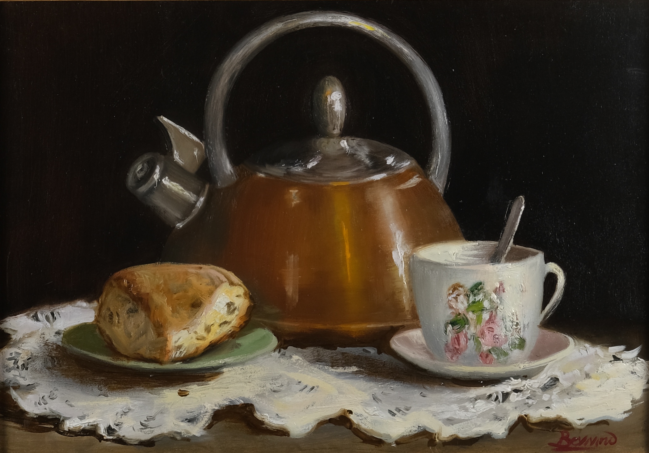 Original still life oil painting on canvas by Maria Luisa Bevivino with a copper kettle, bread and a ceramic cup, 2021