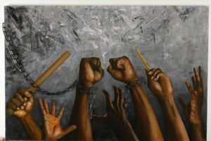 Original mixed media oil painting on canvas by Maria Luisa Bevivino inspired by the struggle of Nelson Mandela, with real metal chains, 2022
