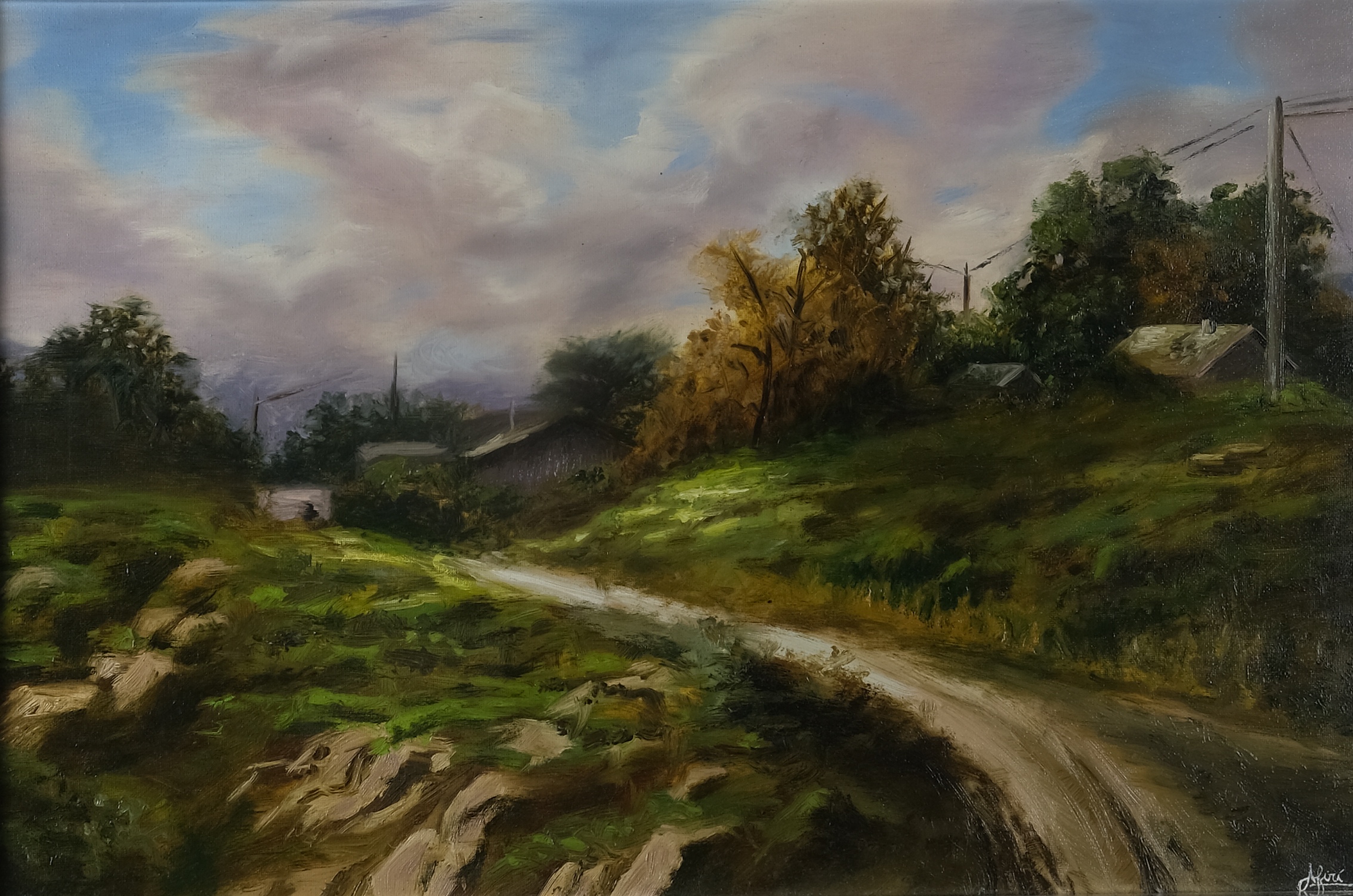 Original rural landscape oil painting on canvas by Maria Luisa Bevivino, countryside study, 2019