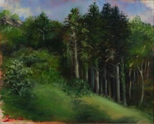 Original woodland study oil painting on canvas by Maria Luisa Bevivino, painted from life in the woods of Garfagnana, 2021