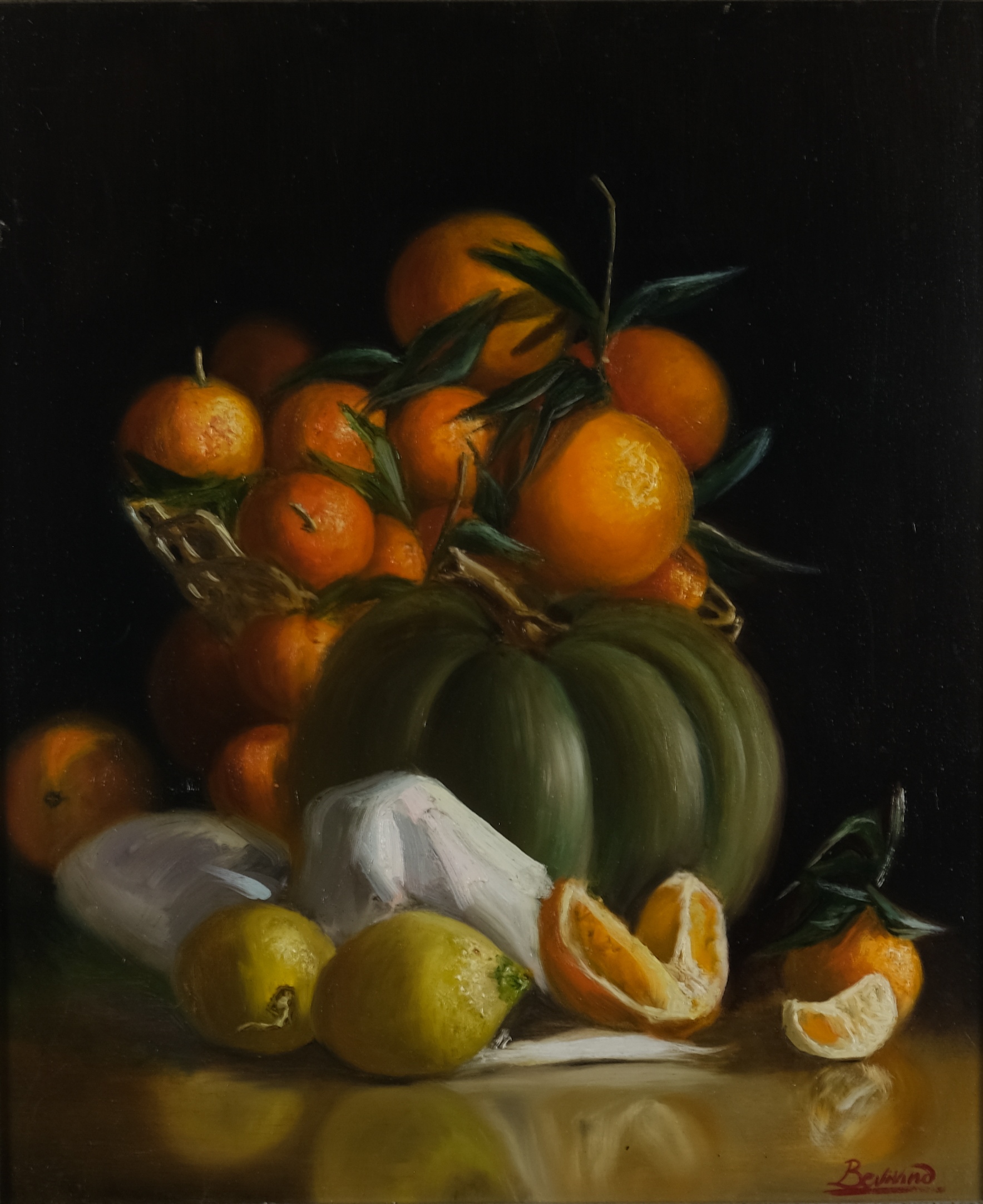 Original still life oil painting on canvas by Maria Luisa Bevivino with a pumpkin and citrus fruit, 2019