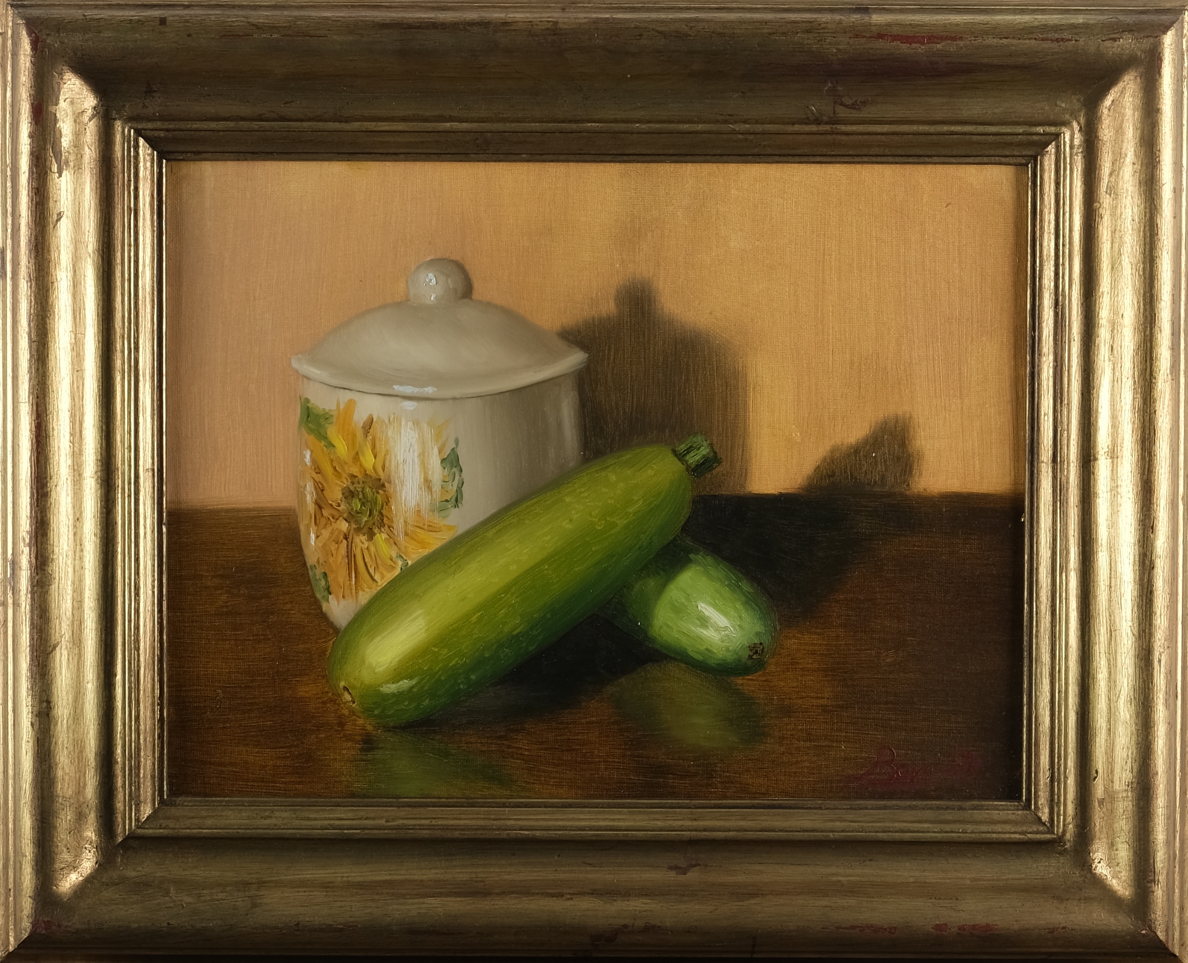 Original still life oil painting on canvas by Maria Luisa Bevivino, sugar and zucchini, 2021
