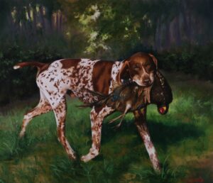 Vinnie vom Riverwoods, German Shorthaired Pointer, carrying a game bird in a woodland setting. Oil painting by Maria Luisa Bevivino.